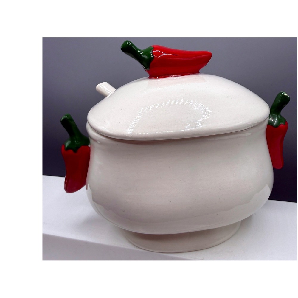 Ceramic Salsa Bowl with Lid and Spoon Red Chili Pepper Handles White Glossy - Picture 5 of 16